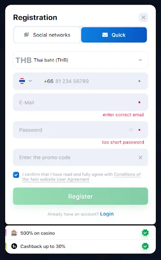 1win sign up login Thailand